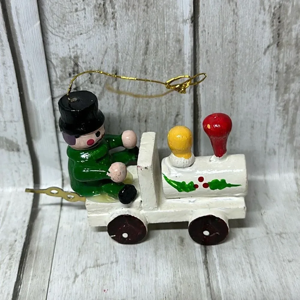 Vintage Wooden Christmas Ornaments set of 5 Snowman‎ Jack-in-the-box Train Harp